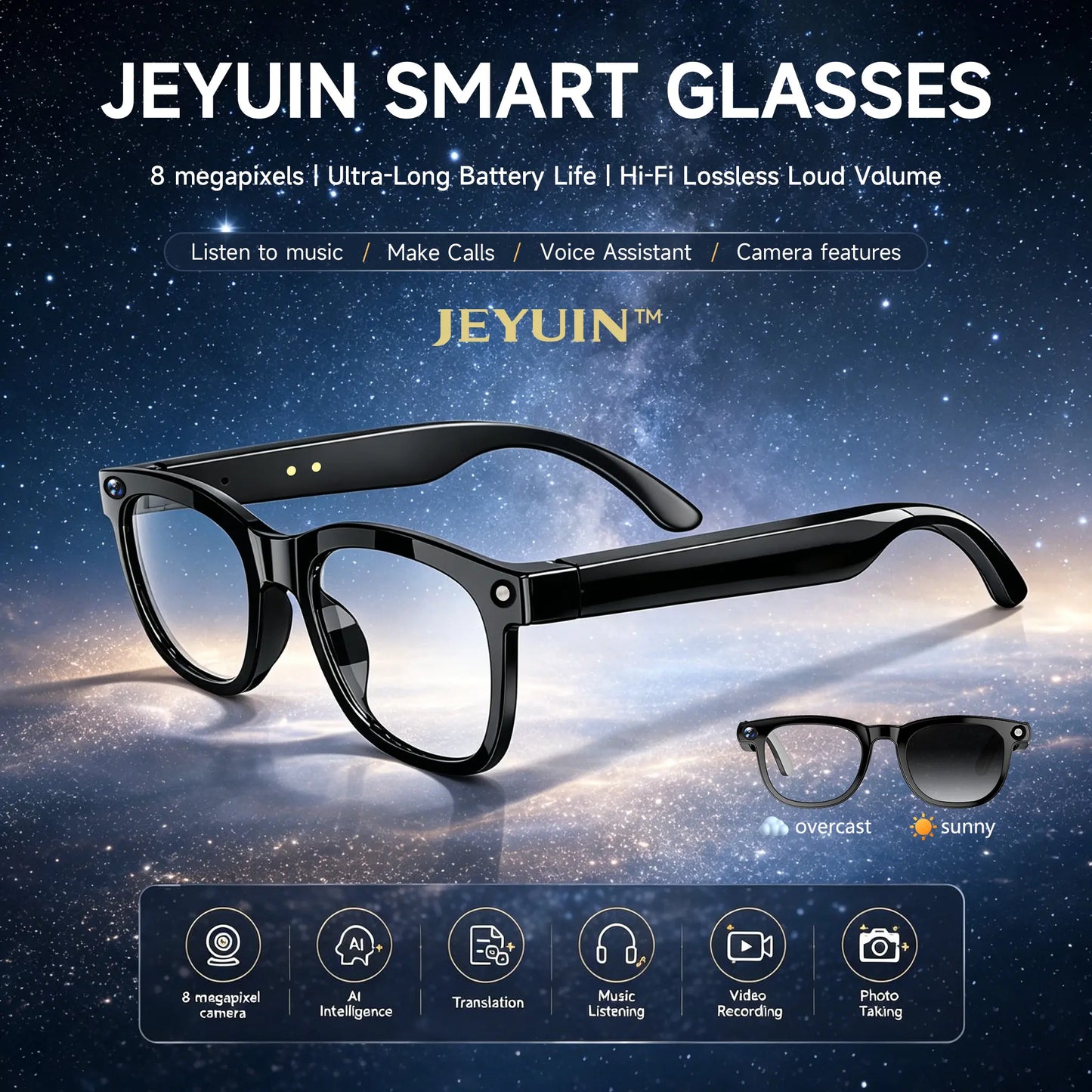 JEYUIN Smart Camera Glasses with Bluetooth Audio, Photochromic Tint Lenses, Hands-Free Photo & Video Capture, Wearable Glasses for Travel, Outdoor Activities, Driving and Daily Use, Compatible with iPhone & Android