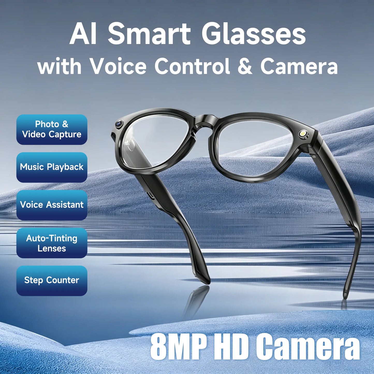 JEYUIN Smart Camera Glasses with Bluetooth Audio, Photochromic Tint Lenses, Hands-Free Photo & Video Capture, Wearable Glasses for Travel, Outdoor Activities, Driving and Daily Use, Compatible with iPhone & Android