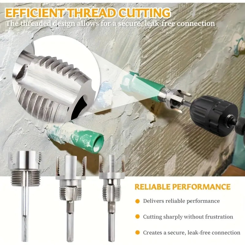 3-Piece Heavy-Duty Alloy Pipe Threading Tool Set - 1/2", 3/4", 1" Internal/External Threads, Electric Drill Compatible PVC/Plastic Pipe Threading Tool, Suitable for DIY and Professional Plumbing Installations (Compatible with  PPR, MPP Pipes)Summervibes