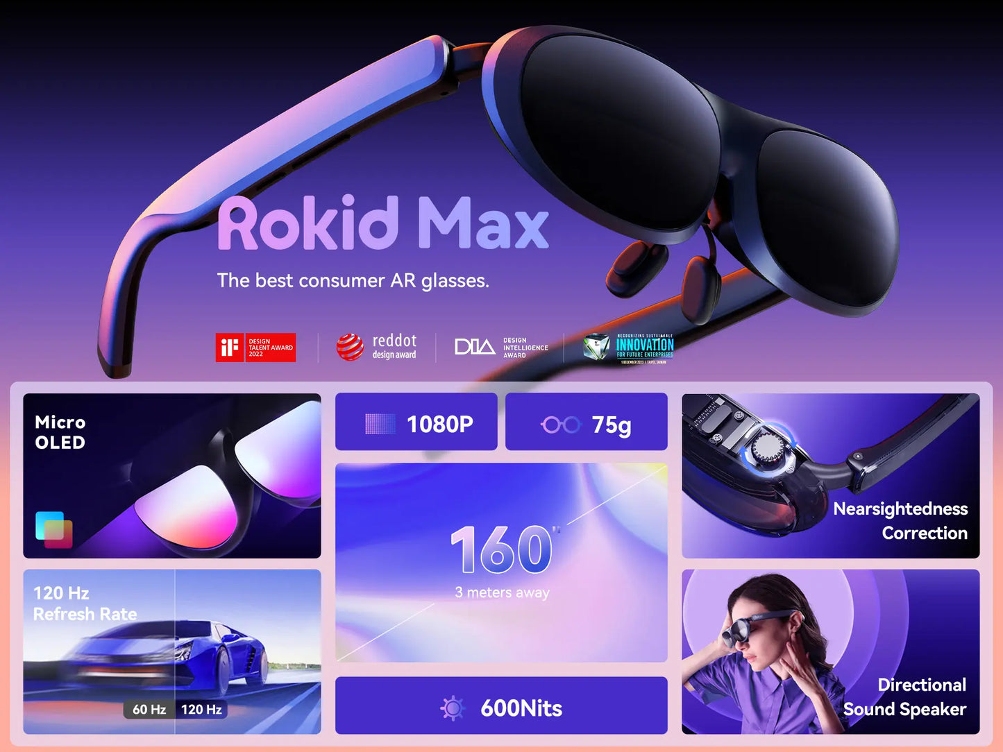 Rokid Max AR Glasses (Station not included), Smart Glasses with 360'' Micro-OLED Virtual Theater, 50° FOV, 600nits Brightness, HDCP Support & Cloud Gaming and Compatibility with iOS Mac ipad Android, Consoles and Computers